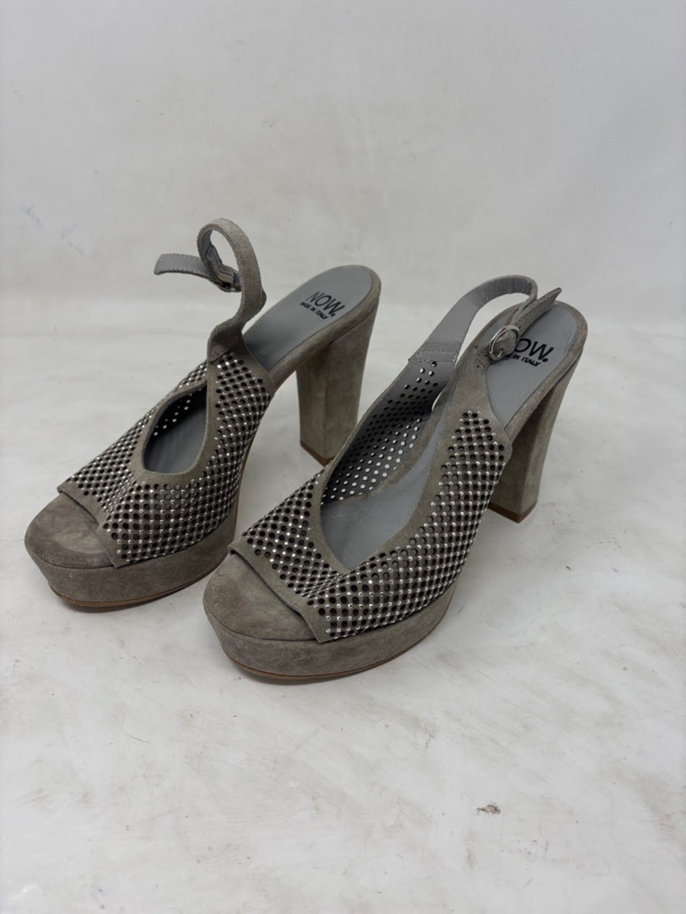 Gray Suede Studded Platform Slingback Heels NOW made in ITALY